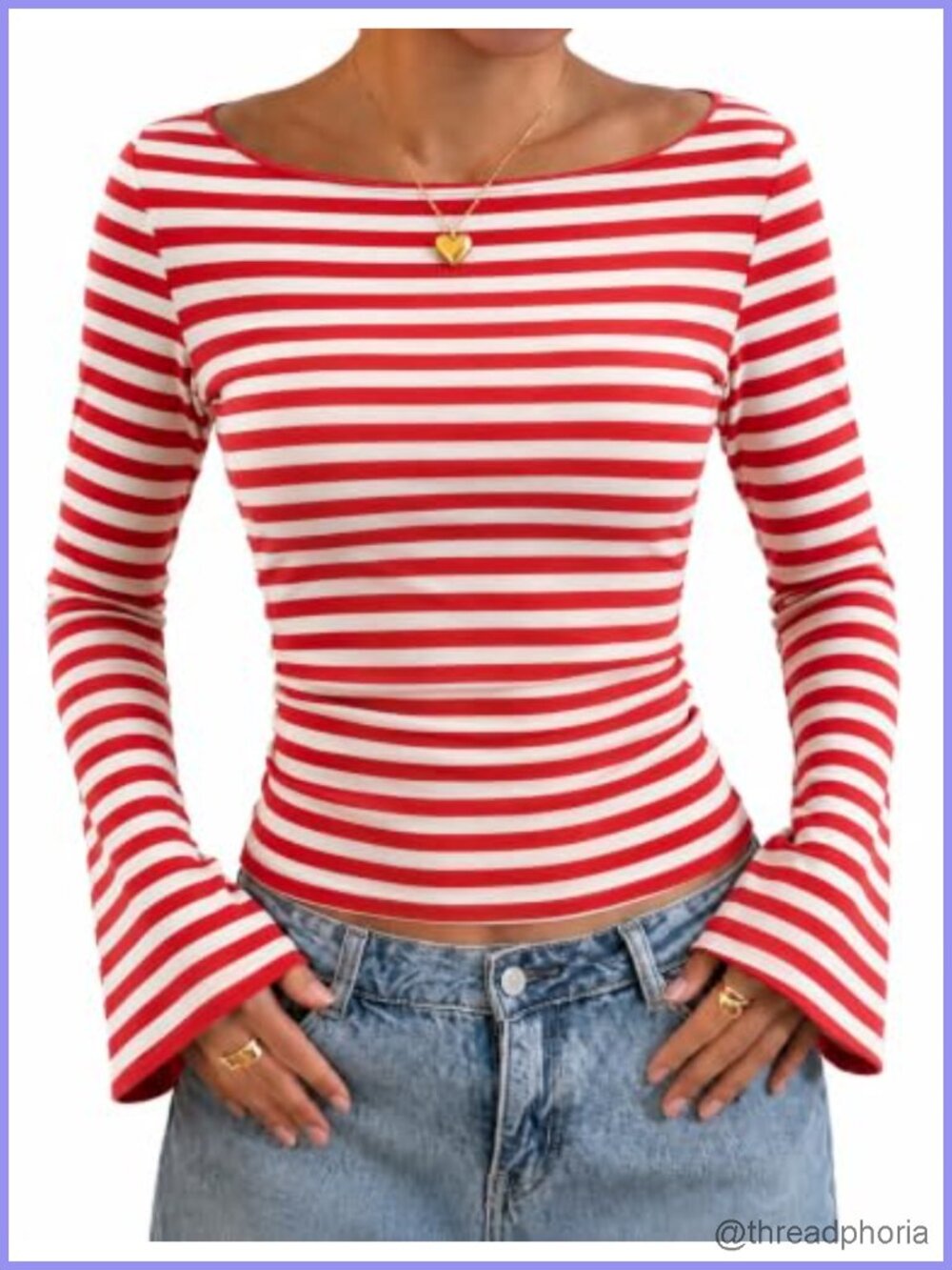 Women's Boat Neck Long Sleeve Ribbed Knit Shirt Stretchy Bell Sleeve
